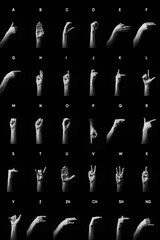 B+W image of hands demonstrating Chinese sign language letters full alphabet A-Z with text