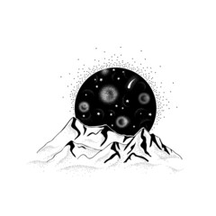 Space over mountain peaks. Infinite space, planets, moon, stars and comets. Endless universe concept. Design surreal graphics