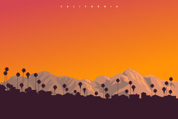 Picturesque sunset somewhere over California, USA. Original postcard style vector illustration - obrazy, fototapety, plakaty