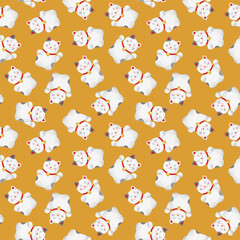 Fototapeta premium Pattern maneki neko cat china in japanese style on grey background. Seamless animal print. Vector art illustration. Japanese traditional design.