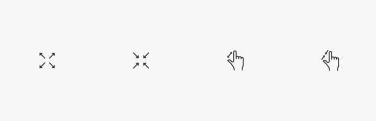 Resize icon vector set for web. Hand gesture for Increase and reduce. Arrows for growth and scaling icon. Linear flat design tool with black thin and bold outlines