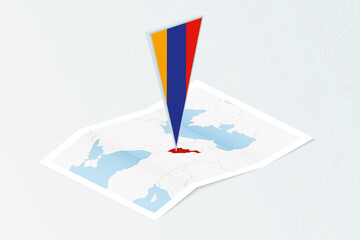 Isometric paper map of Armenia with triangular flag of Armenia in isometric style. Map on topographic background.