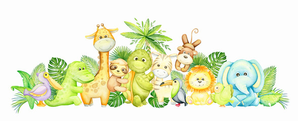 Fototapety  Giraffe, elephant, crocodile, monkey, parrot, sloth, lion toucan, tropical plants. Watercolor animals, on an isolated background.
