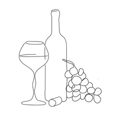 Vector one line drawing of a bottle of wine, a glass and a bunch of grapes. 