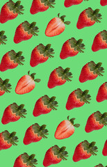 Pattern of red ripe juicy strawberries. Colorful food background..