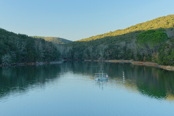 Scenic landscape on a sunny day on the lake with the reflection of the trees and the sky in the water. Bicocchi lake, Montioni Natural Park, Tuscany Italy