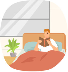 Cute man in pajamas reading literature on his bed comfortably. Book lover concept with young man lying relax on sofa and reading book. Concept of homeward and comfort. Person relaxes after work