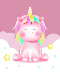 Cute unicorn vector illustration. 3d realistic unicorn. Beautiful children's illustration of a fairy tale character for printing on paper, fabric and glass