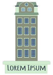 A green Swedish house located on the square with a sign for the inscription. Vector graphics. EPS10