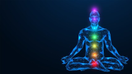 Meditation in the lotus position. Yoga practice. Polygonal design of interconnected lines and points. Blue background.