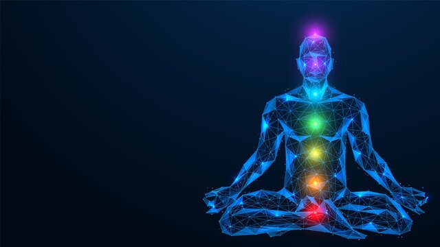 Meditation in the lotus position. Yoga practice. Polygonal design of interconnected lines and points. Blue background.