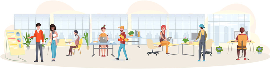 Working people. Office staff, work and communication. Head and subordinates. Various workers, managers team. Business employees on workspace. Office workers. Co-workers. Colleagues project teamwork