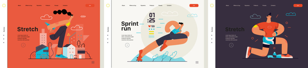 Runners website templates set. Flat vector concept illustrations of athletes running in a park, forest, stadium track or street landscape. Healthy activity and lifestyle. Sprint, jogging, warming up.