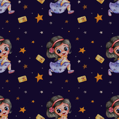 Seamless baby pattern. Cute girl in beautiful dress caught star and runs on blue background with stars. Watercolor. kids collection for decor and design, wallpaper and printing 