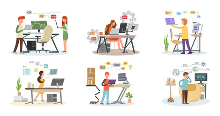 Programmer engineering and coding. Programmer working on code for web app development on computer. Concept of script coding and programming in php, javascript, python languages. Software developers