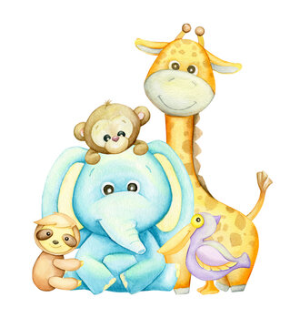 Elephant, giraffe, monkey, sloth, pelican. Watercolor animals in cartoon style, on an isolated background.