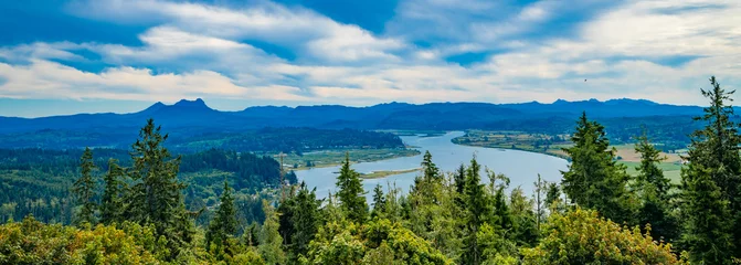 Foto op Aluminium The Youngs River and surrounding farm land viewed from top of Coxcomb hill in Astoria Oregon.  Saddle Mountain is on the ridge line. © Bob