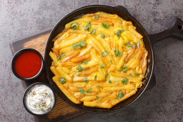 Chipsi Mayai Tanzanian breakfast with fries served with two sauces close up in the plate on the table. Horizontal top view from above
