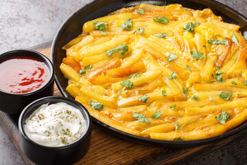 Chipsi Mayai Tanzanian breakfast with fries served with two sauces close up in the plate on the table. Horizontal