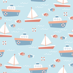 Cartoon seamless pattern with boats and fish on blue background. Vector illustration. It can be used for wallpapers, wrapping, cards, patterns for clothes and other.