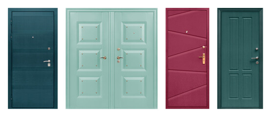 Set of models of entrance metal doors isolated on white background