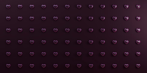 14 february 3d rendering. Long banner with symmetric hearts pattern. MInimalistic dark purple monochrome style. Valentines day illustration. Levitating flying shapes