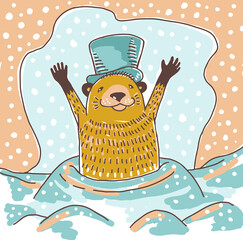 Happy groundhog day card. Flat, vector, doodle, hand drawn sketch,  simple cartoon illustration. Furry rodent in blue cylinder head dress holding his hands in air outside the hole looking for shadow