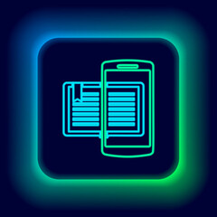 Glowing neon line Smartphone and book icon isolated on black background. Online learning or e-learning concept. Colorful outline concept. Vector © vector_v
