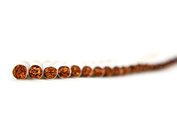 There are a lot of cigarettes in a row on a white background