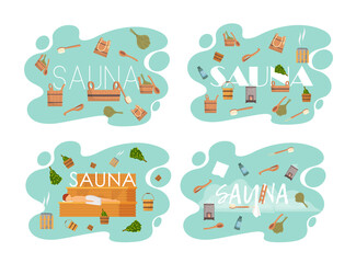 Sauna and steam room. Set of people in sauna. People relax and steam with birch brooms in traditional russian stove for female and male. Finnish bathhouse. Public sauna, Friends in spa resort