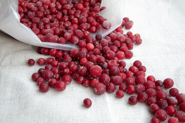 Frozen cranberries in a freezer bag. Natural vitamins and antioxidants.
