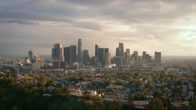 Aerial of Los Angeles Skyline Dusk