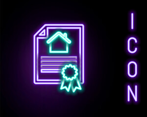 Glowing neon line House contract icon isolated on black background. Contract creation service, document formation, application form composition. Colorful outline concept. Vector