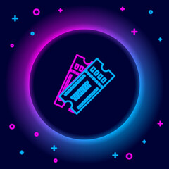 Glowing neon line Ticket icon isolated on black background. Colorful outline concept. Vector