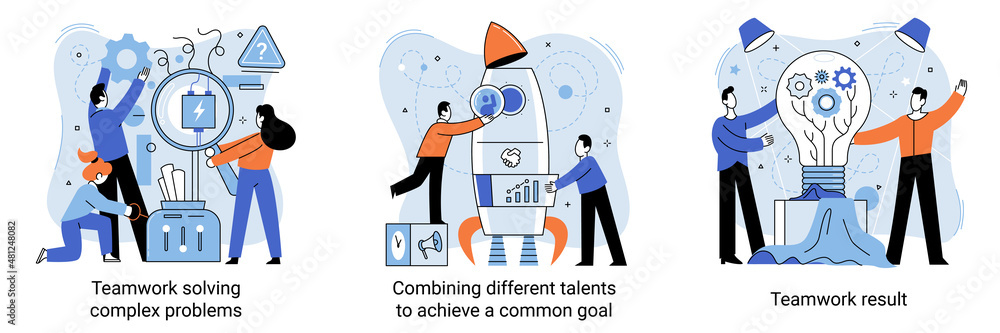 Poster teamwork solving complex problems, combining different talents to achieve common goal. effective bus