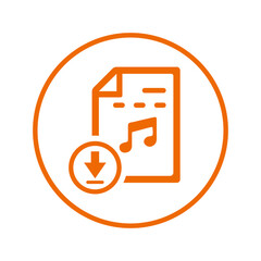 Music, file, download icon. Orange vector design.