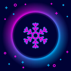 Glowing neon line Snowflake icon isolated on black background. Colorful outline concept. Vector