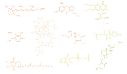 Set of vitamins molecular formula and structure vector illustration on white background