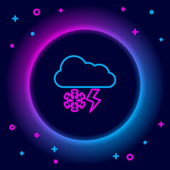 Glowing neon line Cloud with snow and lightning icon isolated on black background. Cloud with snowflakes. Single weather icon. Snowing sign. Colorful outline concept. Vector