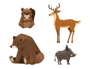 Set of cute woodland animals bear, deer, wild boar, beaver isolated on white background