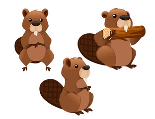 Cute brown beaver eating wooden stick. Cartoon character design. North American beaver Castor canadensis. Rodentia mammals. Happy animal. Flat vector illustration isolated on white background. - obrazy, fototapety, plakaty