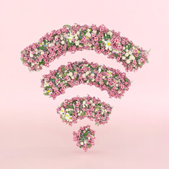 Flower creative Spring concept of internet wireless sign. Wi-Fi on pastel pink background.