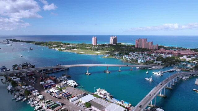 The drone aerial footage of Paradise Island and Nassau port, Bahamas.