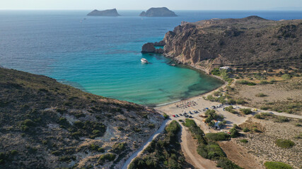 Aerial drone photo of beautiful emerald crystal clear beach and rocky bay of Plathiena, Milos island, Cyclades, Greece