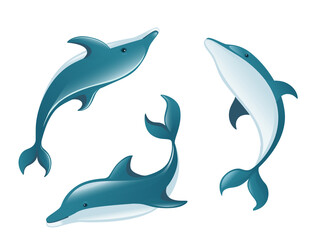 Set of blue dolphin cartoon sea animal design flat vector illustration isolated on white background