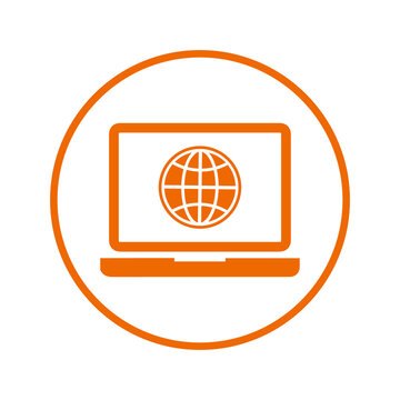 Computer, globe icon. Orange vector sketch.
