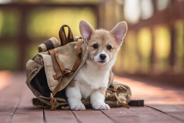 Welsh corgi pembroke puppy dog in a brown backpack on a bright sunny summer day