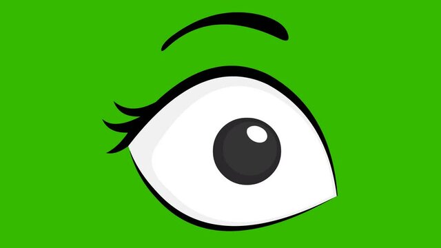 Loop animation of a female eye blinking, in black and white with a green chroma key background