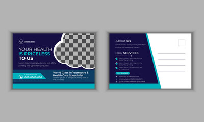 Dark Blue Corporate business postcard or EDDM postcard design template, Postcard design template with white background, corporate real estate, medical postcard design with cyan color