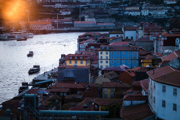 A view of residential buildings near the Douro River in the historic district of Porto, Portugal.